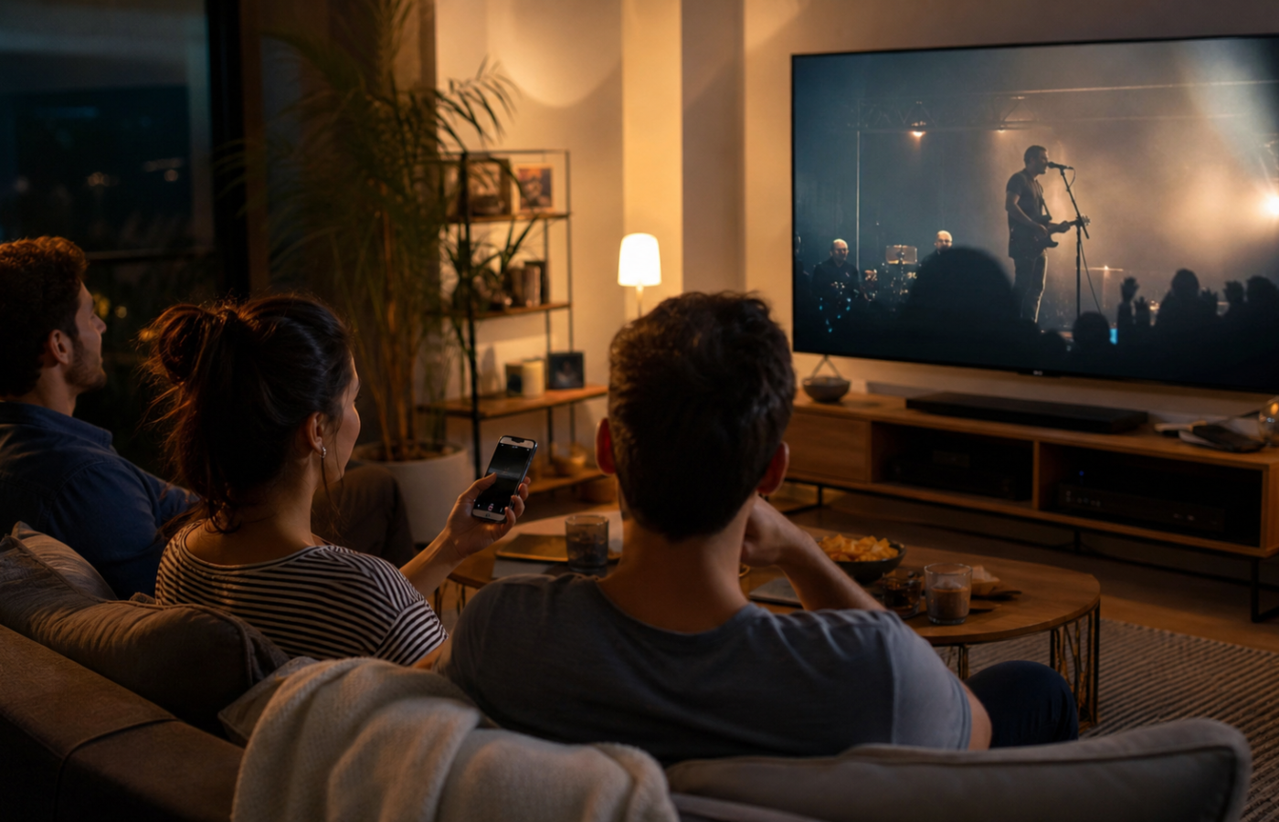 Tres personas miran un concierto en una televisión conectada mientras una usa un teléfono como segunda pantalla