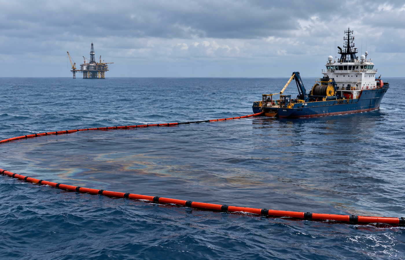 Embarcación y barreras de contención durante una operación de respuesta en el mar
