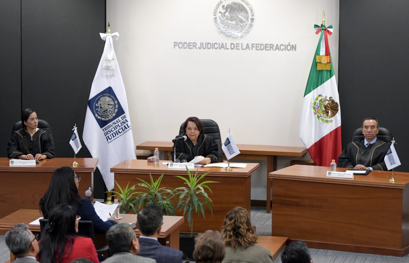 Las magistraturas Indira Isabel García Pérez, Celia Maya García y Rufino H. León Tovar durante una sesión del Tribunal de Disciplina Judicial